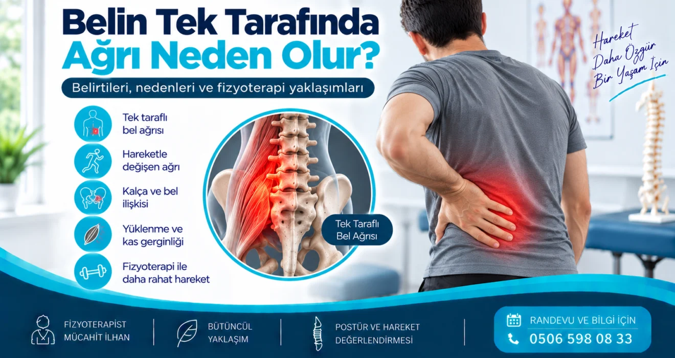 Belin Tek Tarafında Ağrı Neden Olur? için anatomik ve fizyoterapi odaklı kapak görseli