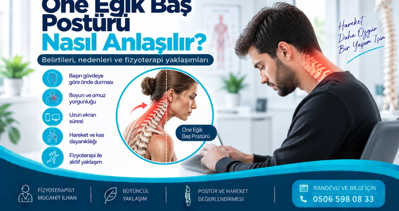 Öne Eğik Baş Postürü Nasıl Anlaşılır? için anatomik ve fizyoterapi odaklı kapak görseli