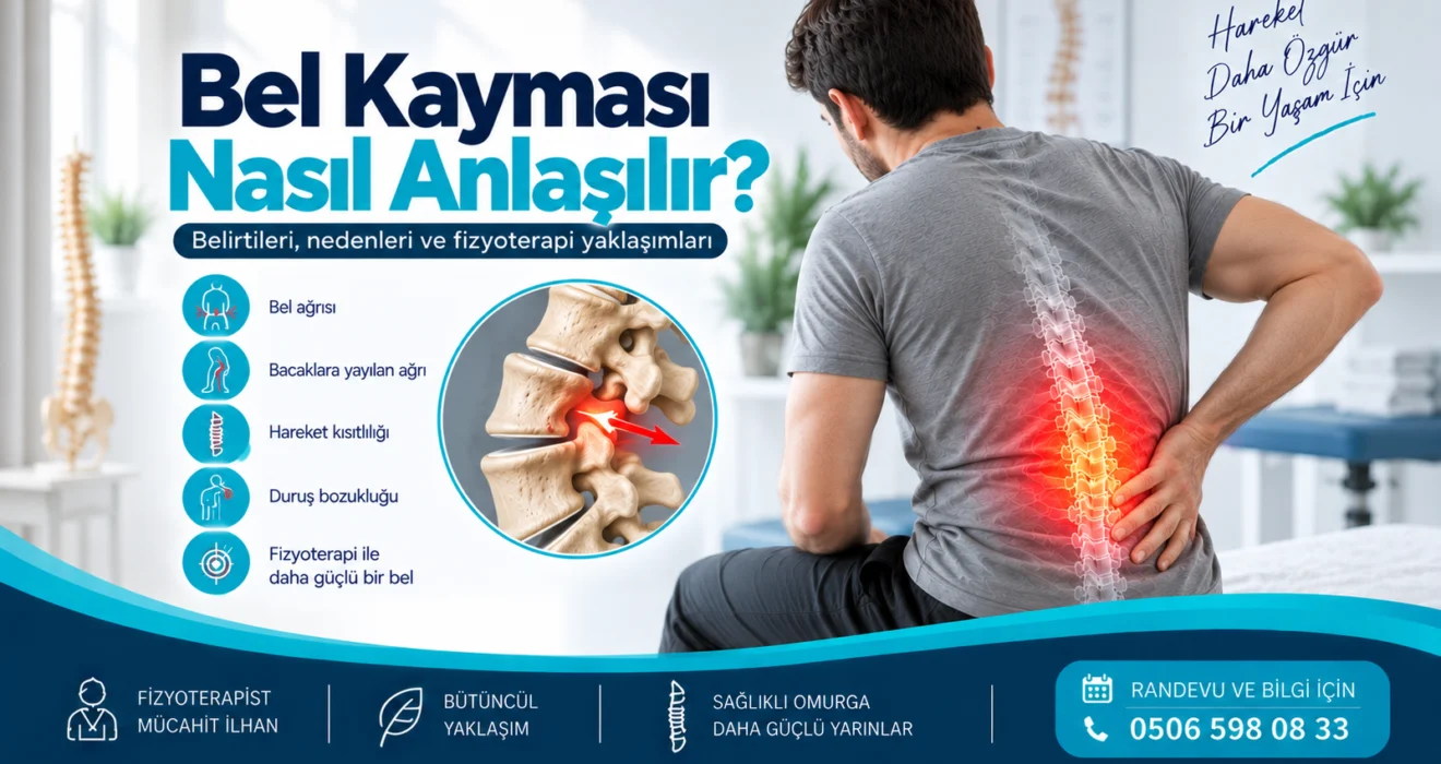 Bel kayması belirtileri ve fizyoterapi değerlendirmesini gösteren bel omurgası görseli