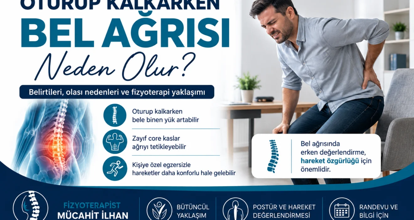 Oturup Kalkarken Bel Ağrısı Neden Olur? için anatomik ve fizyoterapi odaklı kapak görseli