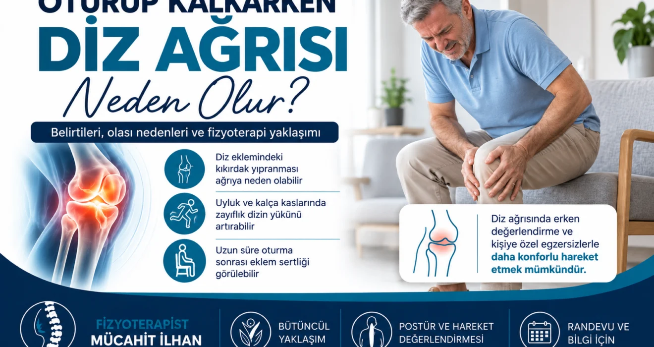 Oturup kalkarken diz ağrısı yaşayan kişide diz kapağı çevresi yüklenmesini gösteren fizyoterapi görseli