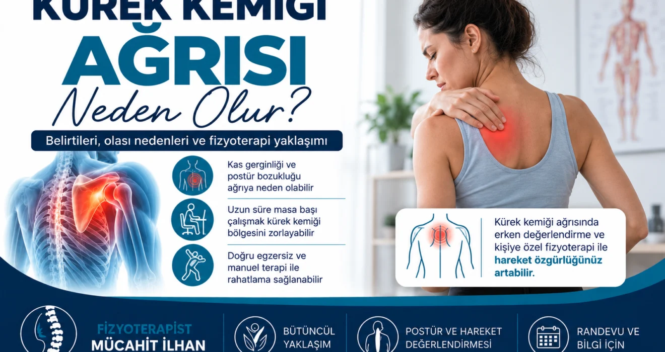 Kürek kemiği ağrısı yaşayan kişide skapula ve çevre kasları gösteren fizyoterapi görseli