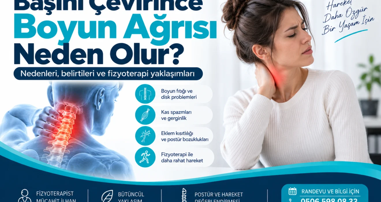 Başını çevirince boyun ağrısı için fizyoterapi değerlendirmesi ve ilgili anatomik bölgeyi gösteren medikal görsel
