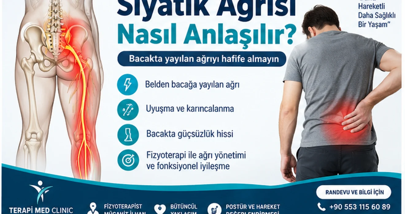 Siyatik ağrısı nasıl anlaşılır konulu belden bacağa yayılan sinir ağrısını gösteren anatomik fizyoterapi görseli