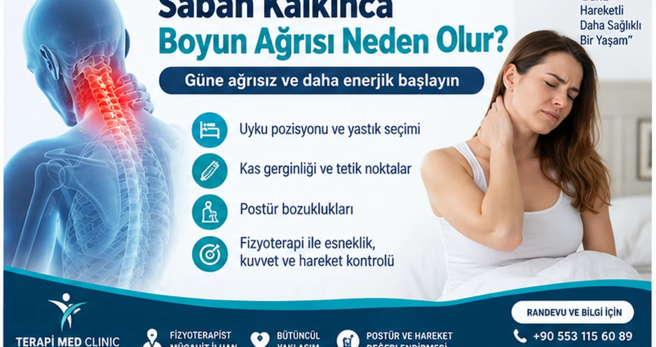Sabah kalkınca boyun ağrısı yaşayan kişiyi ve servikal omurgayı gösteren fizyoterapi görseli