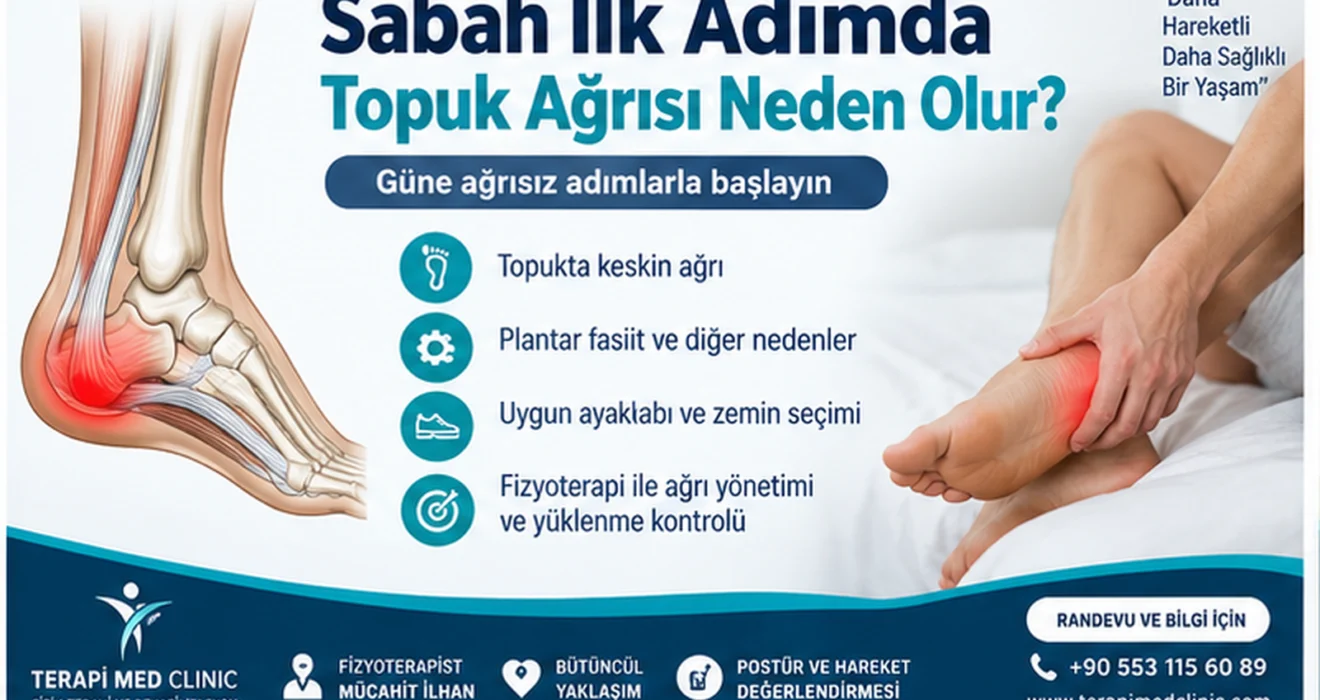 Sabah ilk adımda topuk ağrısı ve plantar fasya bölgesini gösteren anatomik fizyoterapi görseli