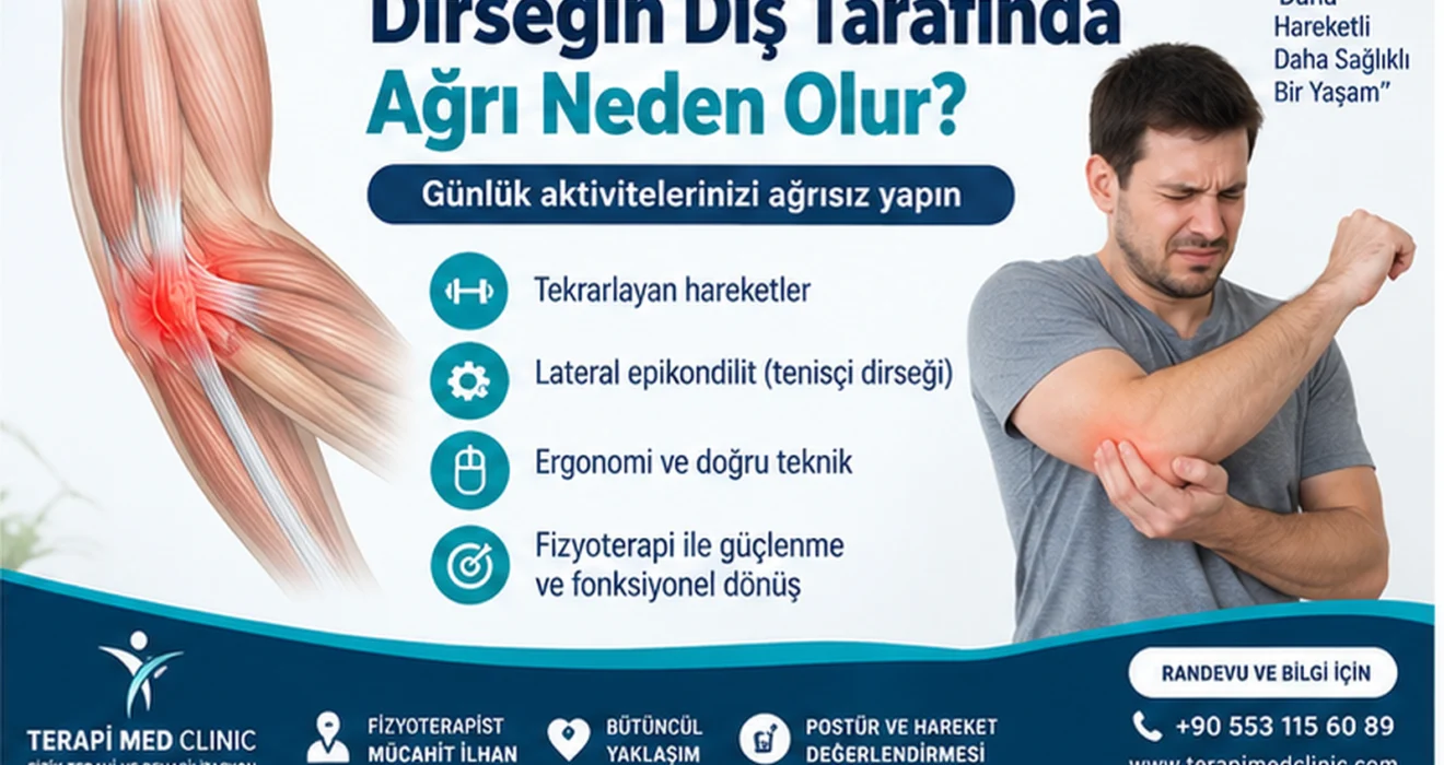 Dirseğin dış tarafında ağrı ve lateral tendon bölgesini gösteren anatomik fizyoterapi görseli